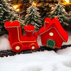 Vintage Christmas Red Flocked Train & House Ornaments With Gold Accents Set of 2